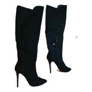 Forever 21 Womens Black Faux Suede Pointed Toe Knee High Heeled Boots Size 8